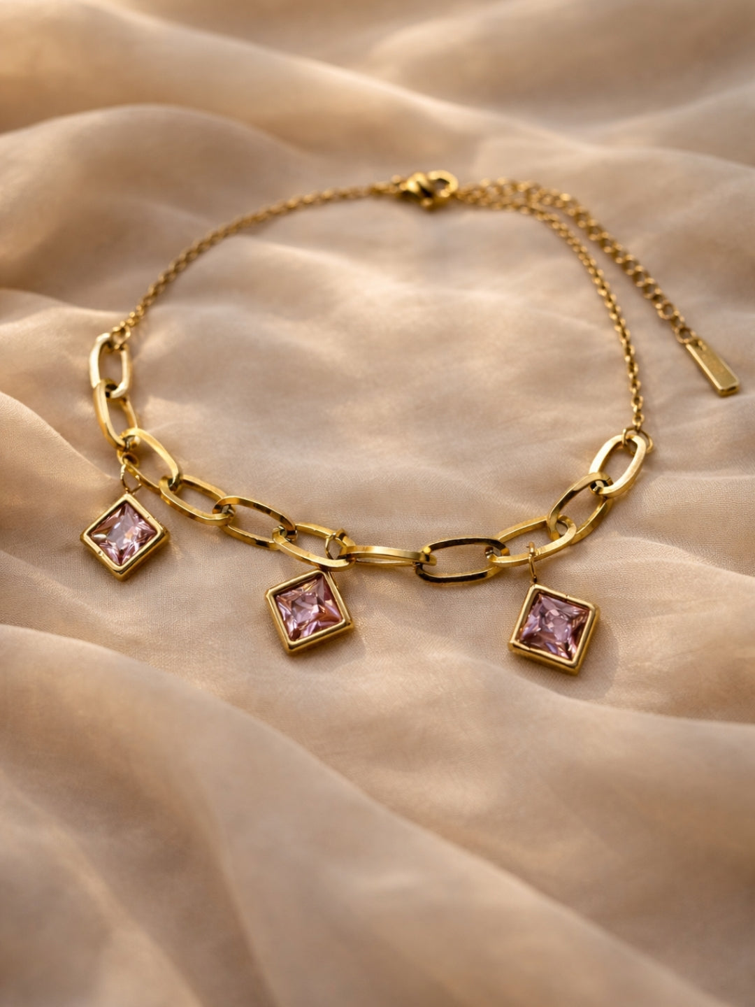 Quad Pink Charm Gold Bracelet | Anti-Tarnish CZ Chain Bracelet