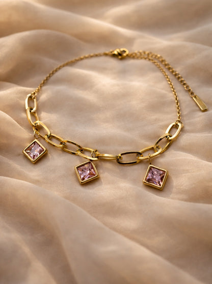 Quad Pink Charm Gold Bracelet | Anti-Tarnish CZ Chain Bracelet