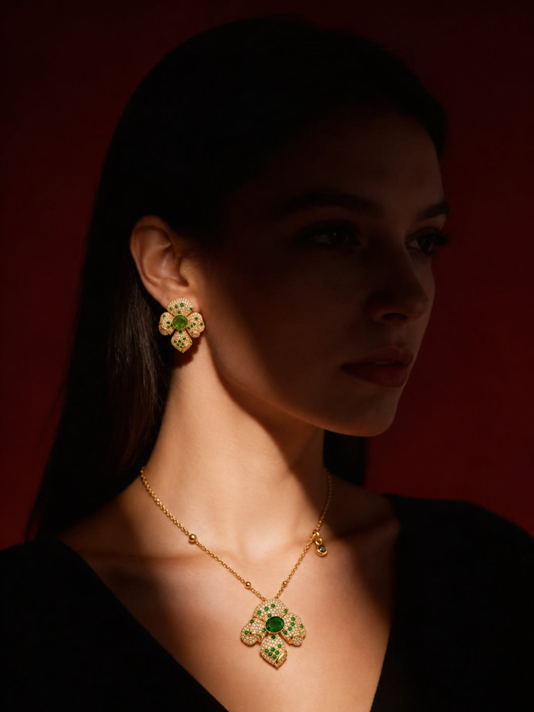 Boccio Emerald Pavé Flower Necklace & Earring Set, 18K Gold-Plated