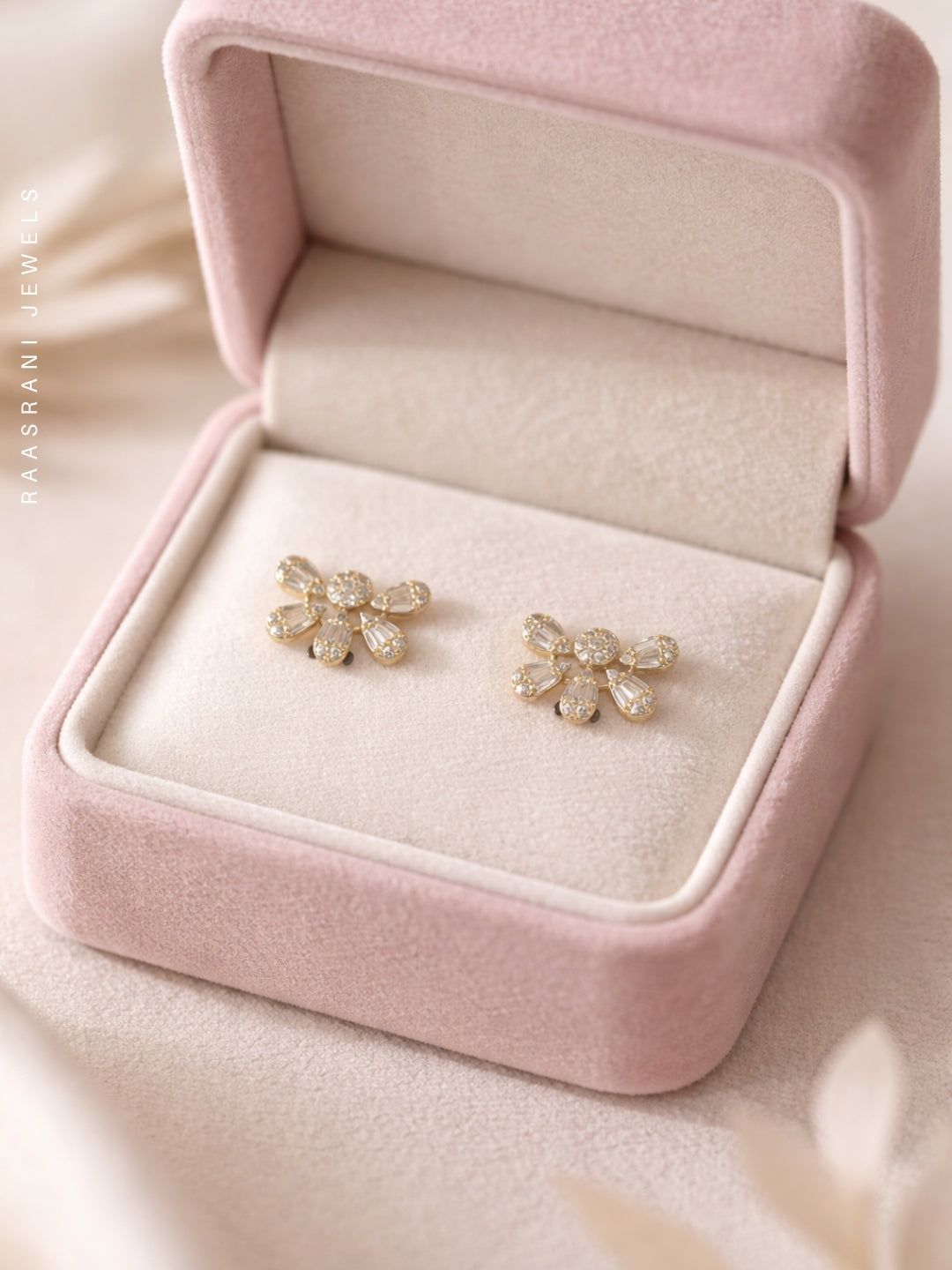 Half Floral Gold Stud Earrings with AD Stones | Everyday Wear