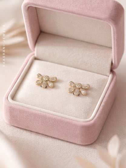 Half Floral Gold Stud Earrings with AD Stones | Everyday Wear