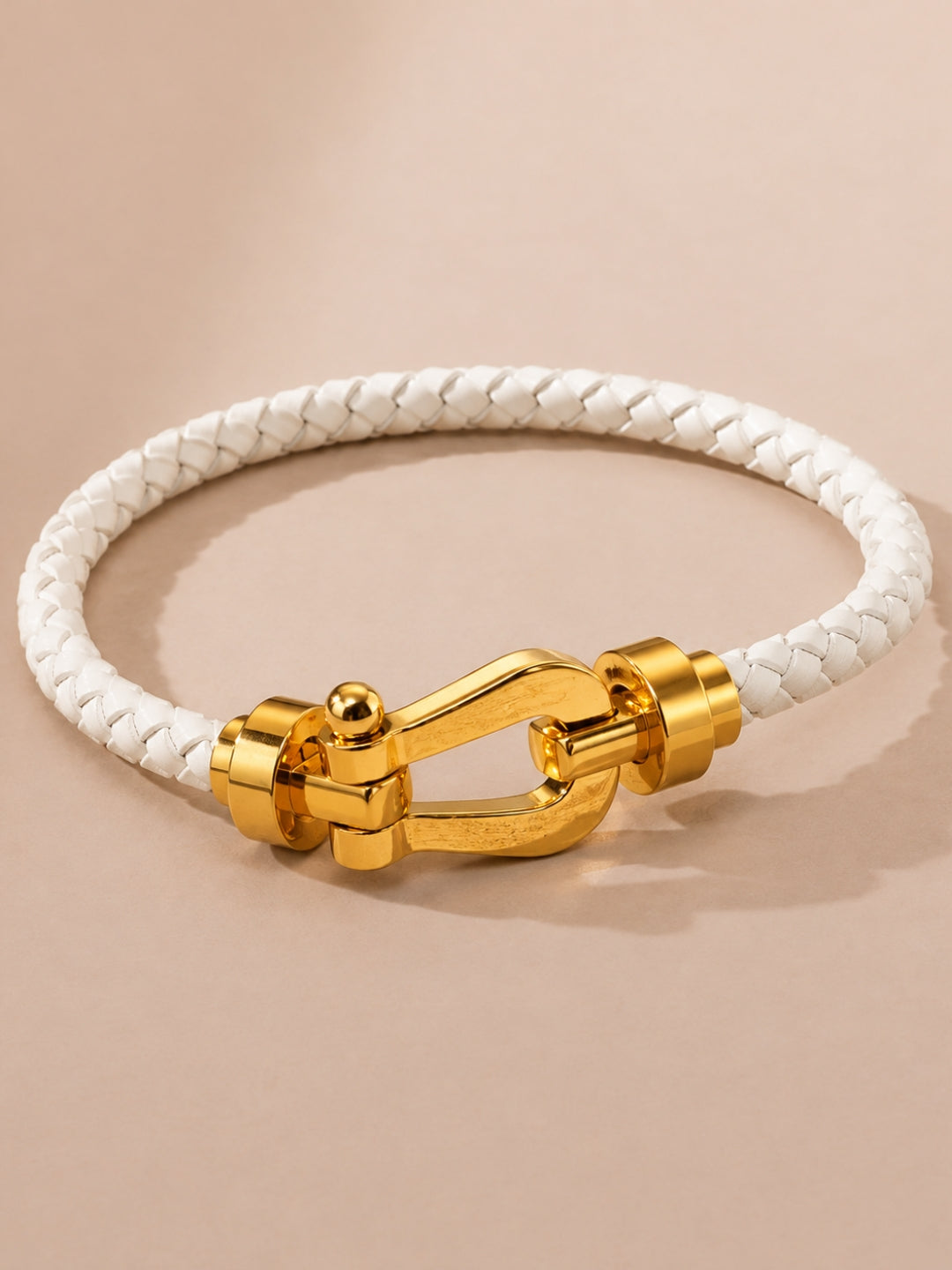 Unisex White Braided Leather Gold Magnetic Bracelet