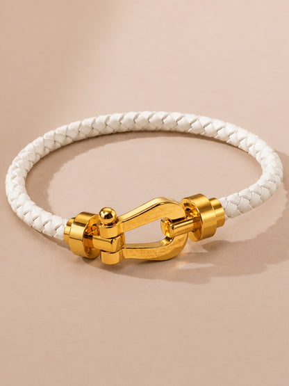 Unisex White Braided Leather Gold Magnetic Bracelet