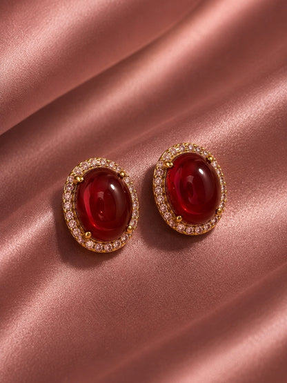 Melograno Red Cabochon Halo Necklace & Earring set 18K Gold-Plated