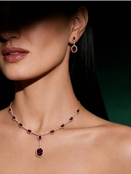 Melagrana Maroon Halo Necklace & Earring Set, 18K Gold-Plated