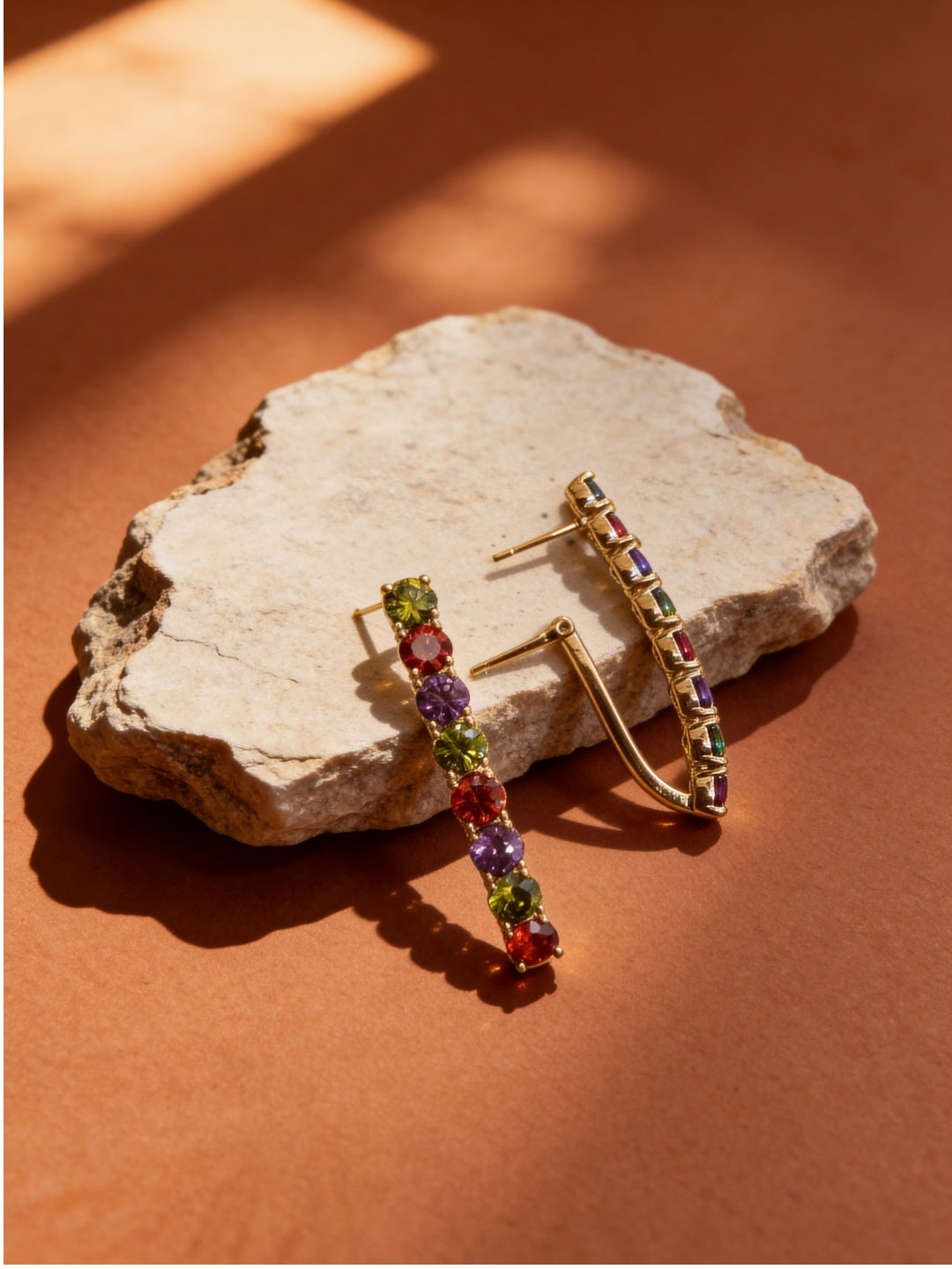 18K Rose Gold Multicolor CZ Long Hoop Earrings