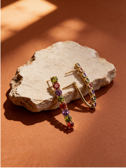 18K Rose Gold Multicolor CZ Long Hoop Earrings