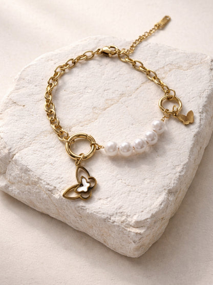 Butterfly Pearl Charm Bracelet – 18K Gold Plated Stainless Steel