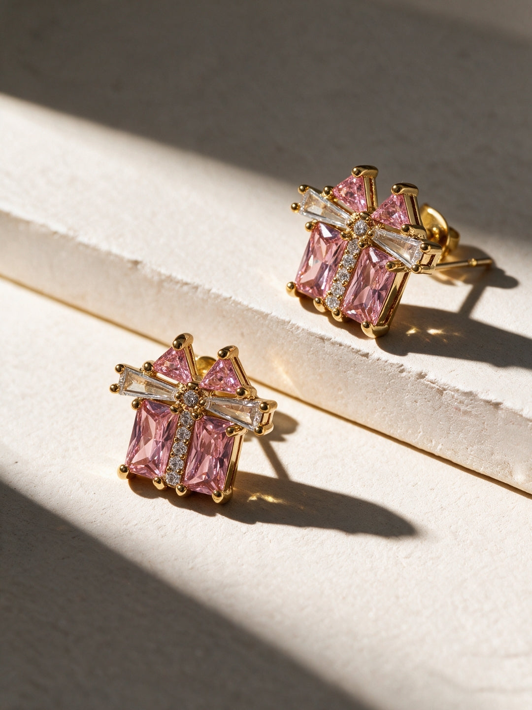 Croce Pink Baguette Layered Necklace & Earring Set, 18K Gold-Plated