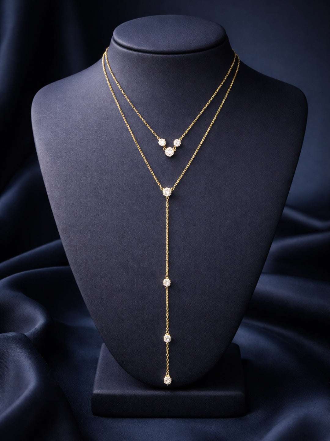 Double Layer Solitaire Beaded Drop Gold Neckpiece