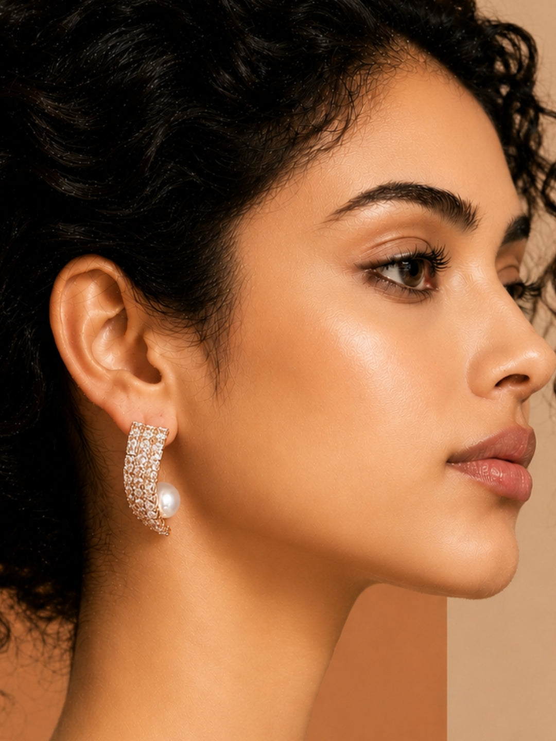 Sculpted Pavé Curve Pearl Stud Earrings, 18K Gold-Plated