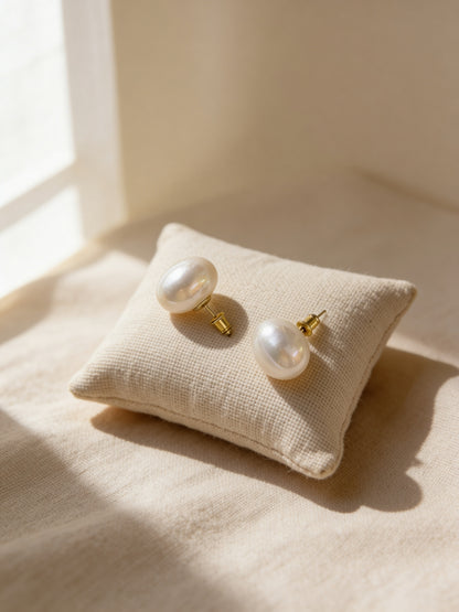 18K Gold Plated Big Pearl Stud Earrings | Waterproof & Anti Tarnish