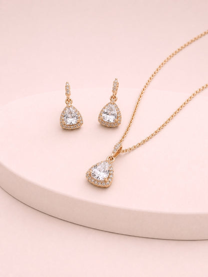 Rose Gold CZ Triangle Pendant & Earrings Set | Anti Tarnish Jewelry