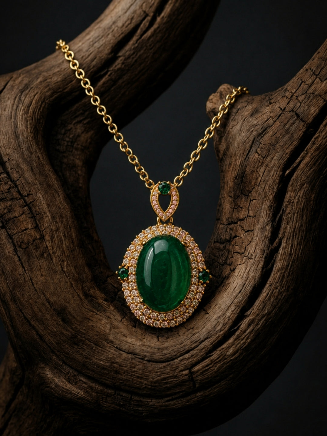 Prato Green Cabochon Halo Necklace & Earring Set, 18K Gold-Plated