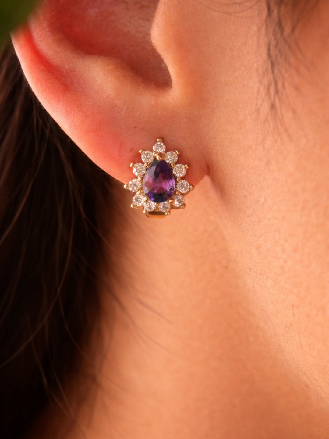 Purple CZ Halo Mini Hoops – 18K Rose Gold Anti Tarnish Earrings