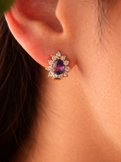 Purple CZ Halo Mini Hoops – 18K Rose Gold Anti Tarnish Earrings