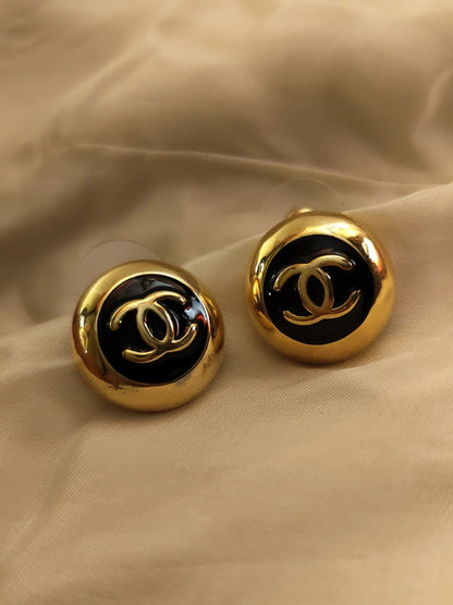 Brand Inspired Black & Gold Enamel Stud Earrings – 18K Gold Plated