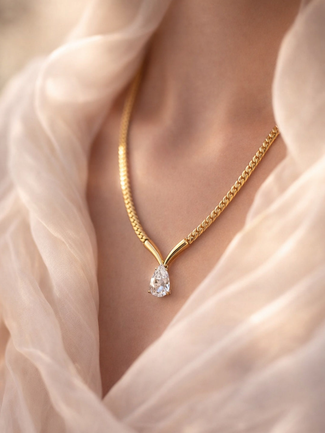 Teardrop Solitaire Cuban Chain Necklace – 24KT Gold Plated