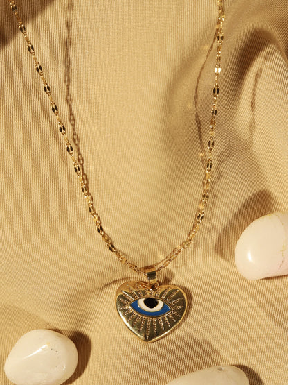 Evil Eye Heart Pendant Necklace in 14K Gold Plated Stainless Steel | Anti-Tarnish CZ Chain for Women