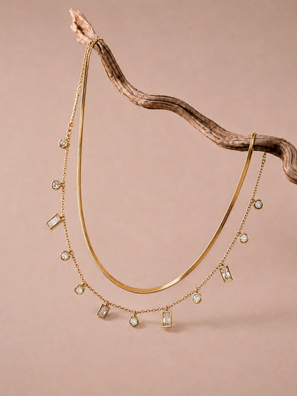 Gold-Plated Layered Necklace Set with Crystal Charms