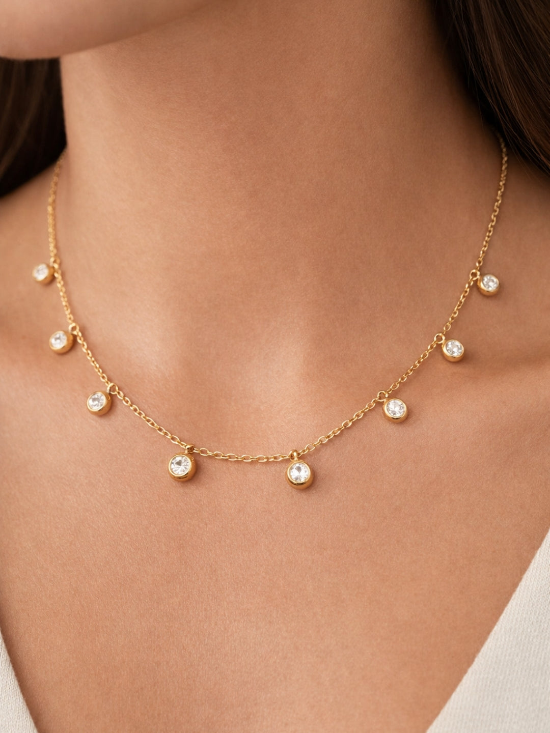 White Gold Round CZ Charm Neckpiece | 18K Gold Plated