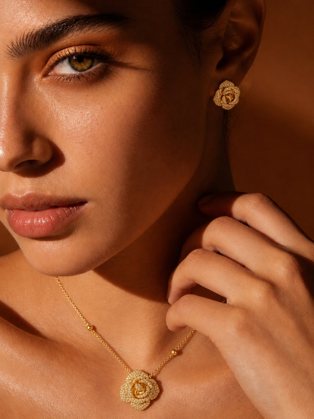 Rosa Pavé Flower Necklace & Earring Set, 18K Gold-Plated