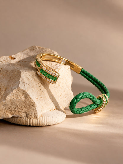 Emerald Studded Leather Band Cuff - 18KT Gold Plated