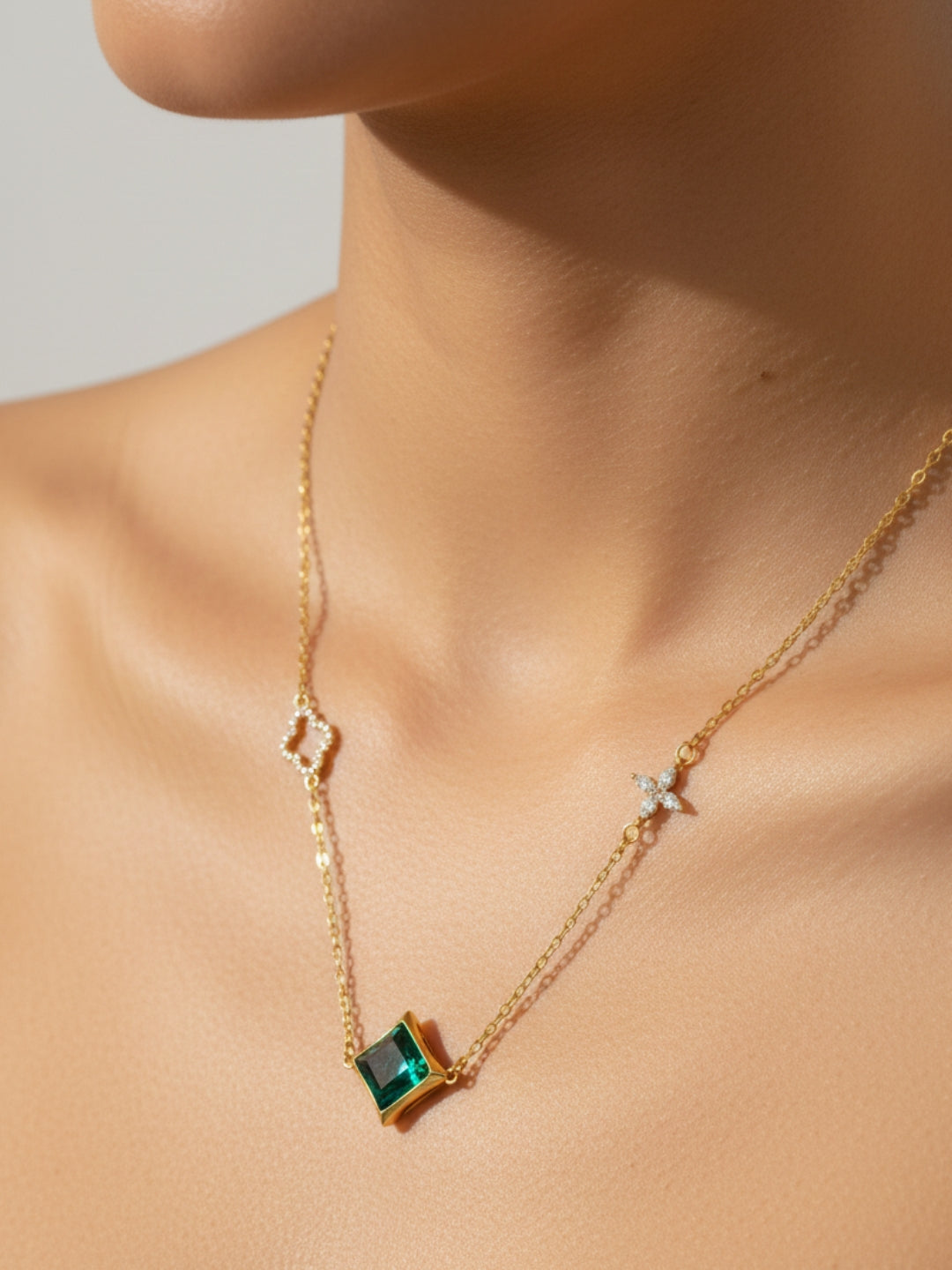 Green Quad Emerald CZ Gold Neckpiece | Anti-Tarnish Everyday Chain