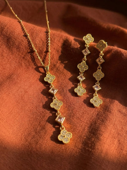 Clover CZ Statement Necklace & Earring Set in 18K Gold Plated