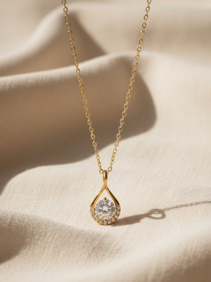 Anti-Tarnish White Solitaire Teardrop Pendant Chain | 18K Gold CZ