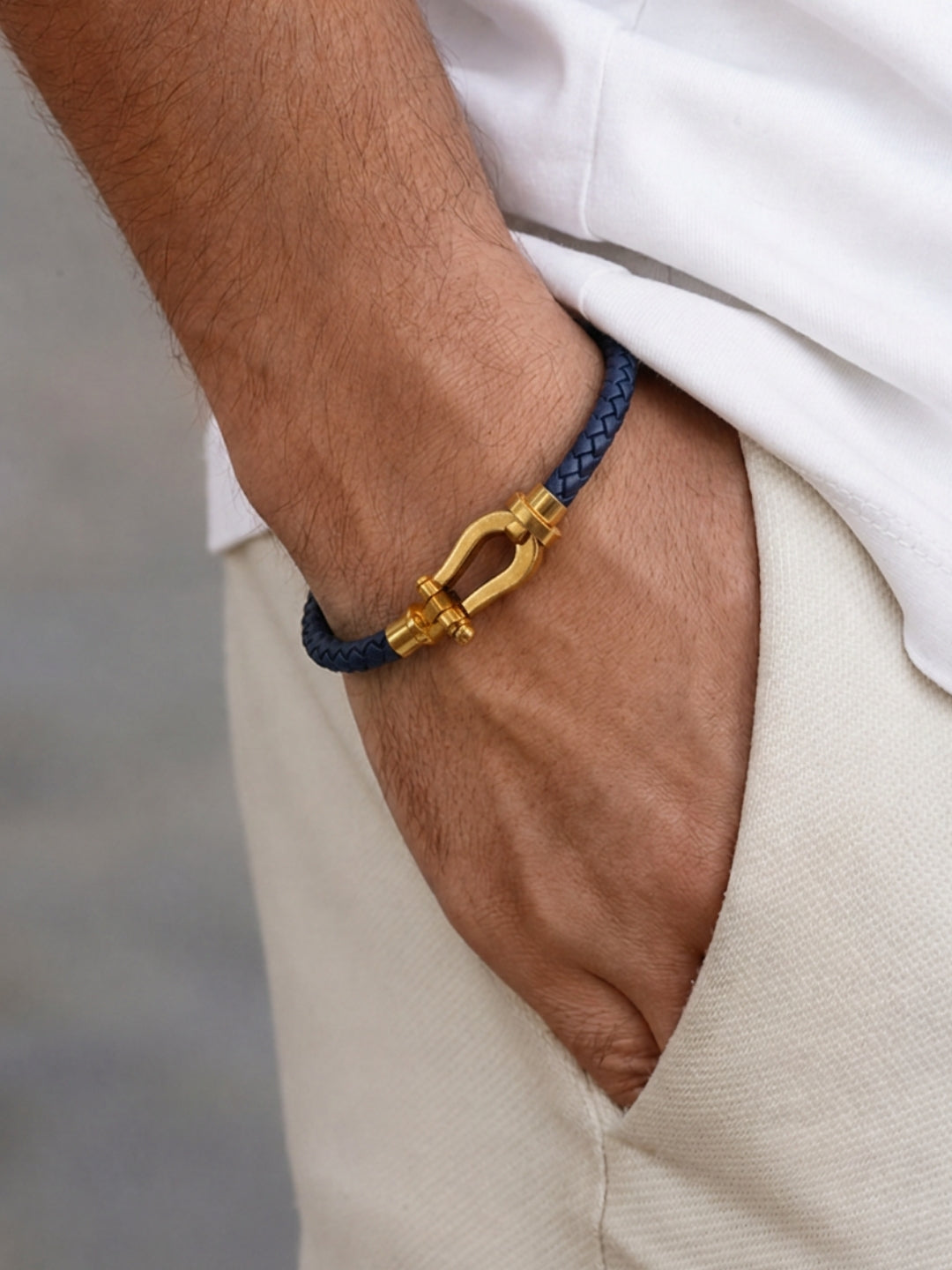 Unisex Navy Braided Leather Gold Magnetic Bracelet