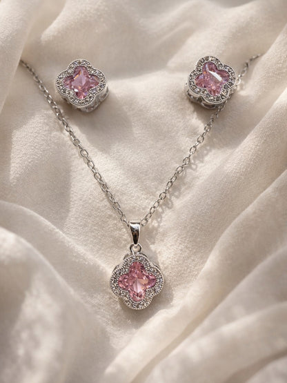 CL Pink Clover CZ Necklace & Earrings Set – Rhodium Plated Steel
