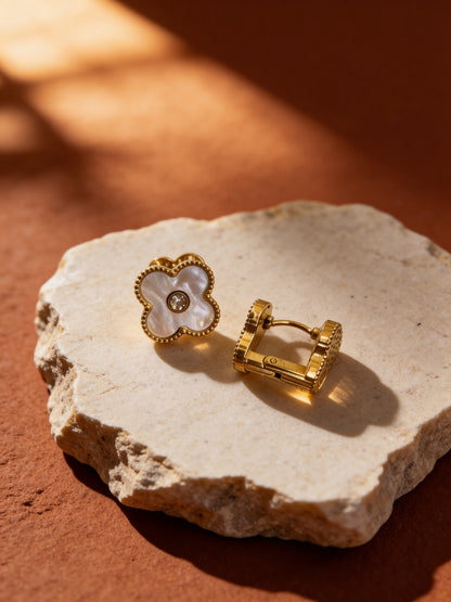 Clover Gold Hoops with CZ & MOP – 18K Plated
