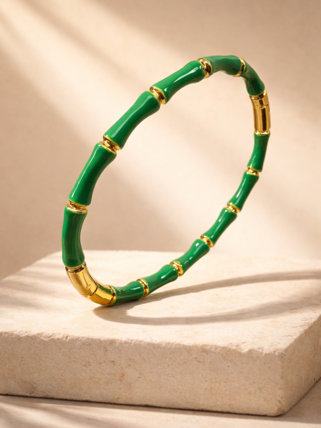 Green Bamboo Enamel Gold Plated Cuff Bracelet for Women