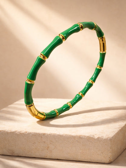 Green Bamboo Enamel Gold Plated Cuff Bracelet for Women