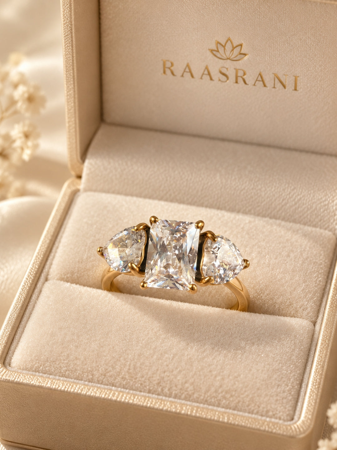 Rectangle & Heart Three-Stone Ring | 18K Gold-Plated Stainless Steel