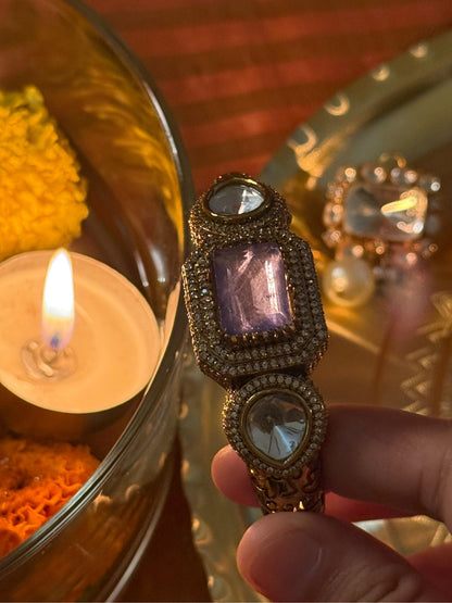 Purple Monalisa Stone Bangles | Gold Plated Kundan Moissanite Kada