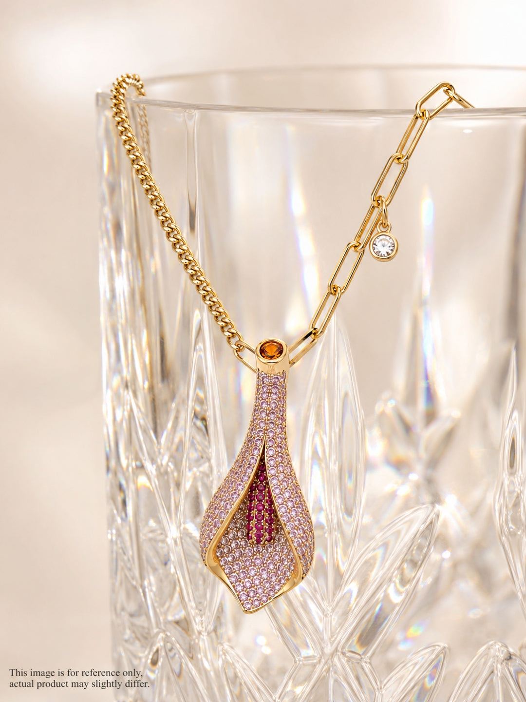 Calla Pink Pavé Pendant Necklace & Clip Earring Set, 18K Gold-Plated