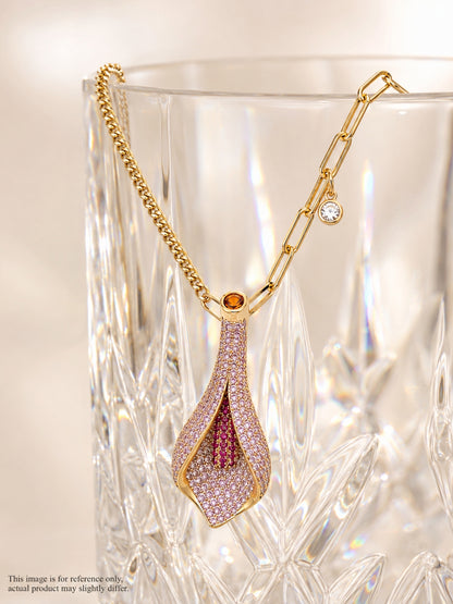 Calla Pink Pavé Pendant Necklace & Clip Earring Set, 18K Gold-Plated