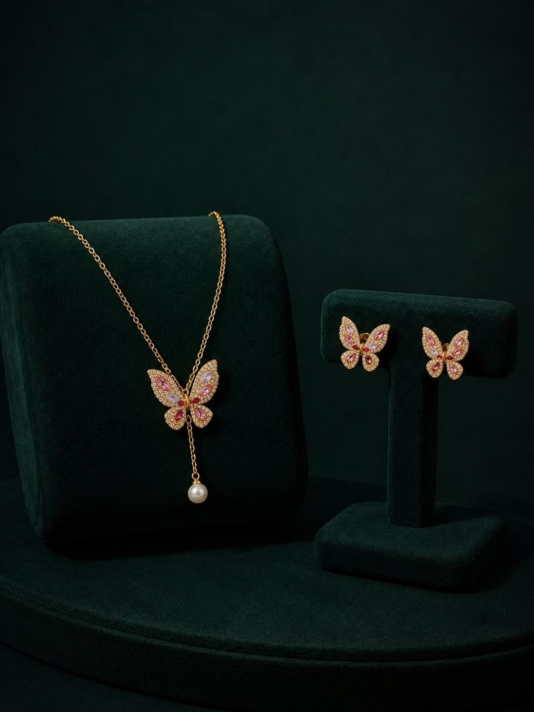 Pink Gold Butterfly & Pearl Drop Necklace-Earring Set