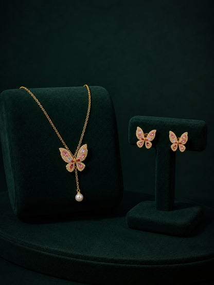 Pink Gold Butterfly & Pearl Drop Necklace-Earring Set