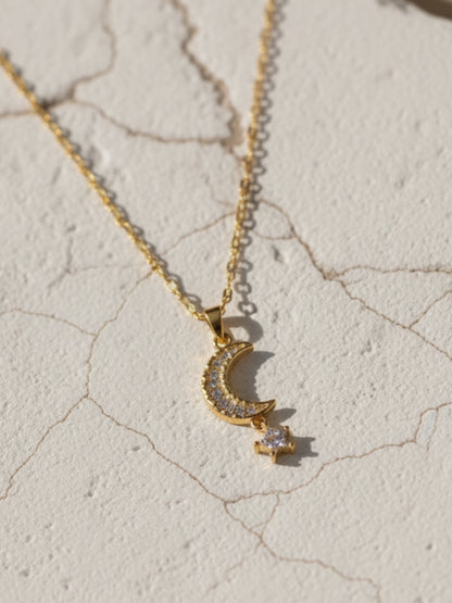 Anti-Tarnish Moon & Star Pendant Chain | 18K Gold CZ Jewelry