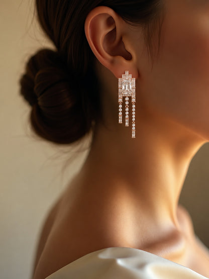 Art Deco Radiant-Cut Fringe Drop Earrings, 18K Rose Gold-Plated