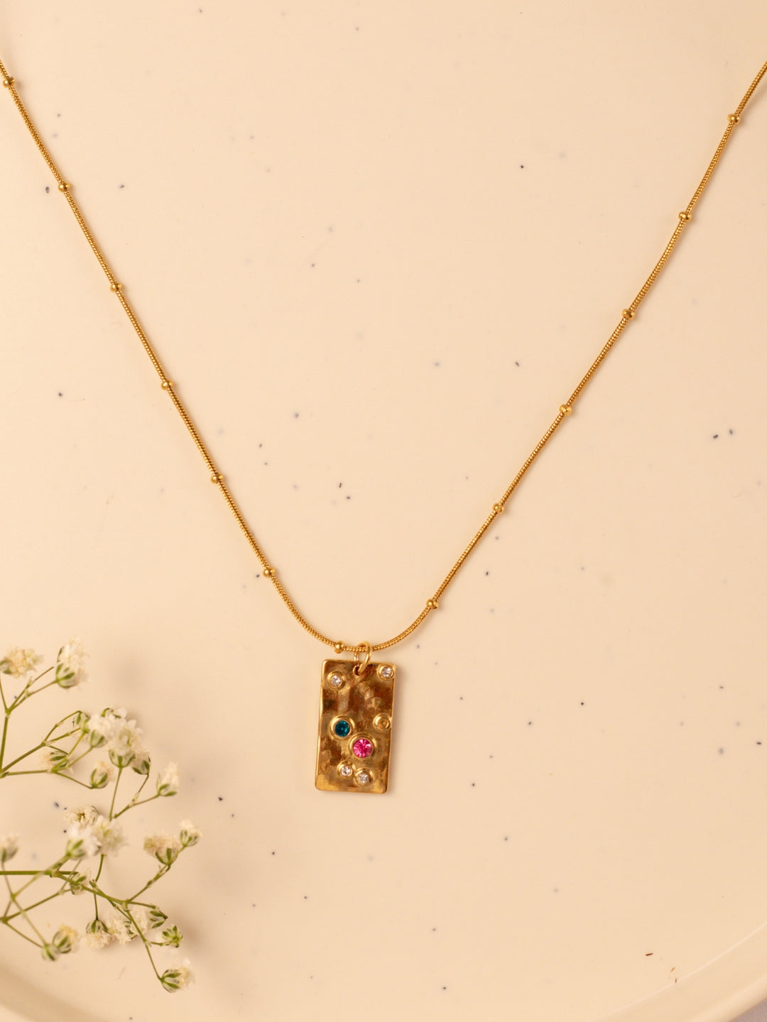 Gold Bar Pendant Chain – Multicolor CZ Stones, Gold Plated Stainless Steel, Adjustable Length