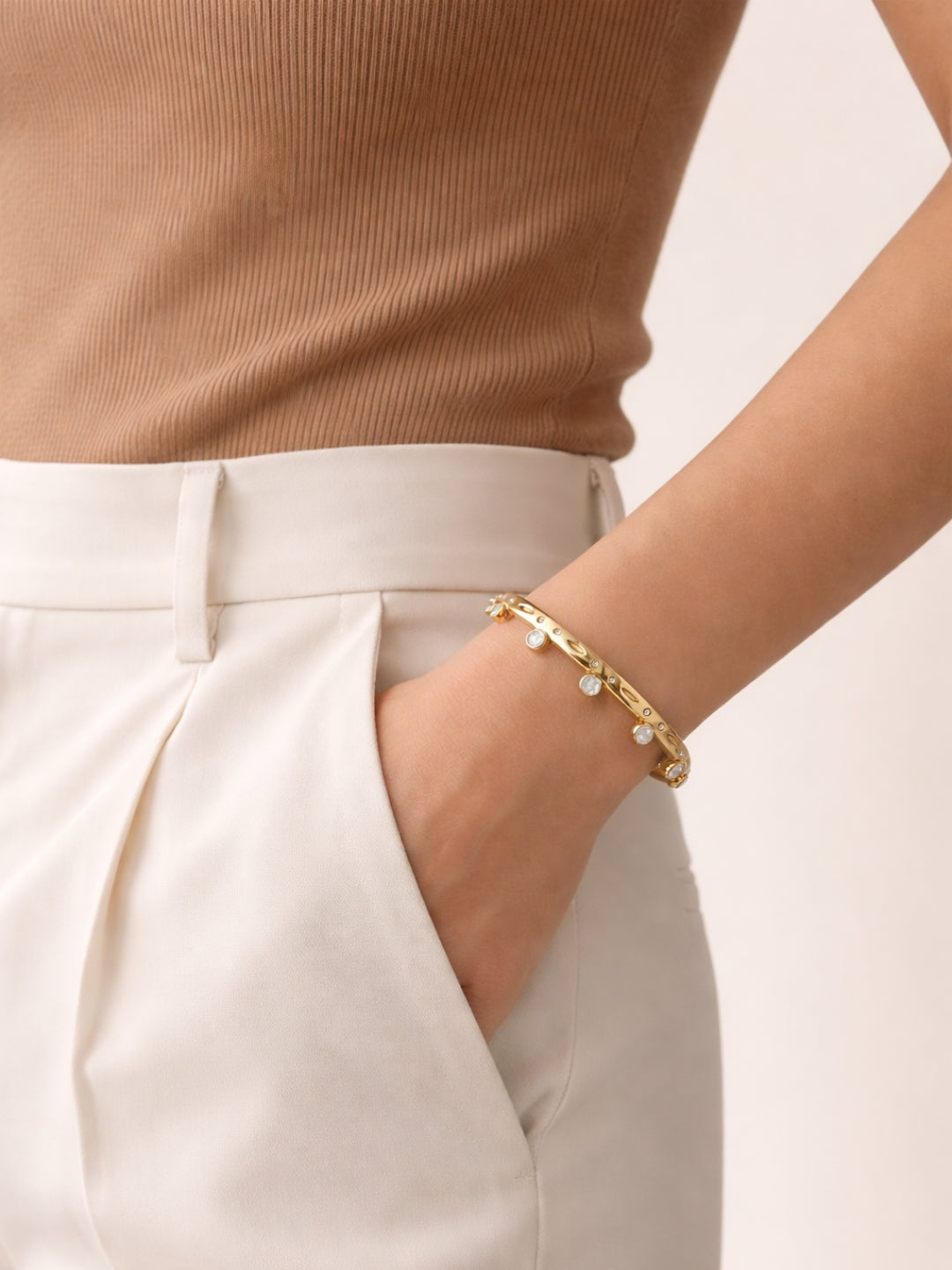 Gold Solitaire Studded Bracelet – CZ Open Cuff Bangle