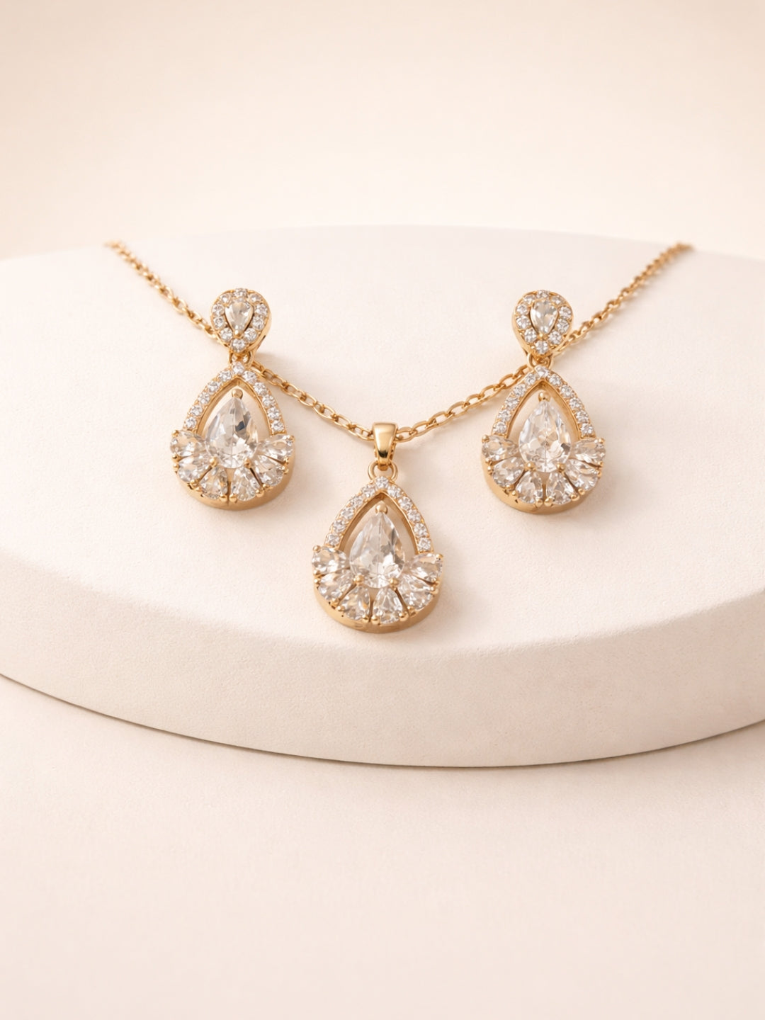 18K Rose Gold Teardrop CZ Ethnic Necklace & Earrings Set