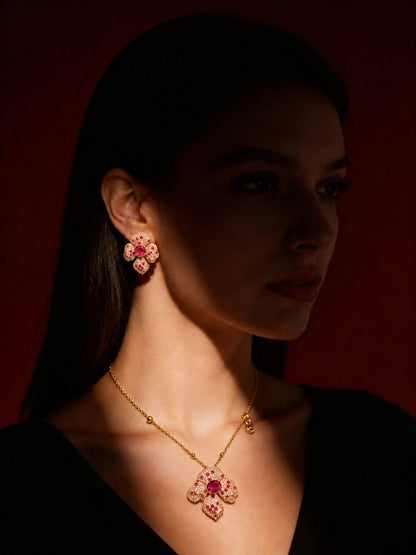 Boccio Fucsia Pavé Flower Necklace & Earring Set, 18K Gold-Plated