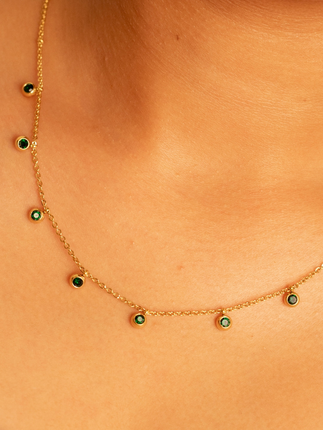 Green CZ Studded Necklace – Gold Plated Stainless Steel, Adjustable Chain