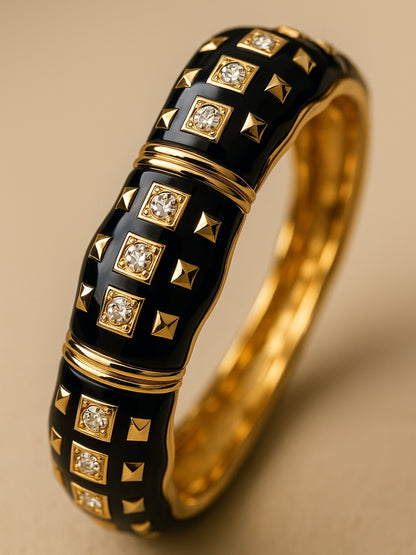 Black Enamel Studded Bracelet – 18K Gold Plated, Anti-Tarnish
