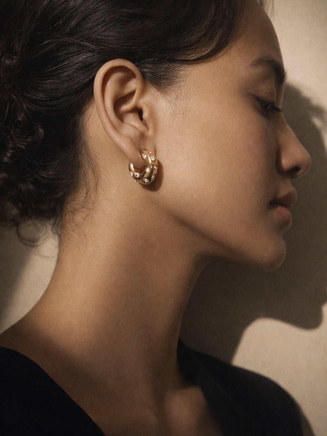 Sculptural CZ Studded Gold Hoop Earrings | Anti Tarnish Everyday Hoops